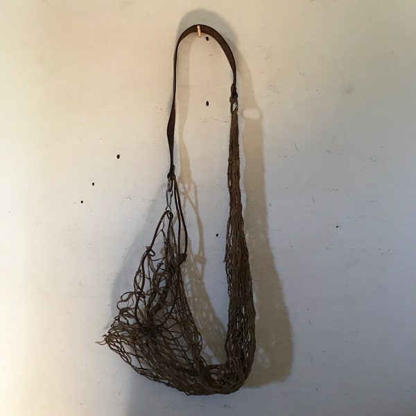 Antique French Game Bag String Macrame  Sling Hunting Fishing Hobo Bag Leather