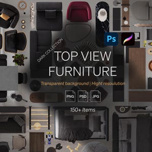 Könnte beinhalten: Eine digitale Sammlung von über 150 Möbelstücken in der Draufsicht, darunter Sofas, Stühle, Tische und Betten in dunklen Tönen. Das Bild enthält Textbeschriftungen wie TOP VIEW FURNITURE, DARK COLLECTION sowie Angaben zu Dateiformaten.