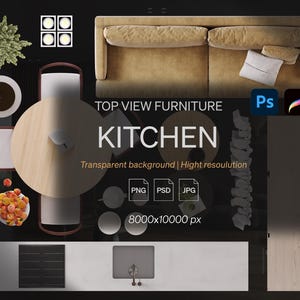 May include: A collection of top-view furniture and kitchen elements including a beige sofa, a round wooden table with chairs, a kitchen island with a sink and stove, a plant, and a bowl of fruit, labeled with the text TOP VIEW FURNITURE KITCHEN.