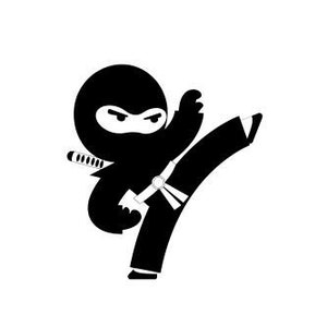May include: Black and white silhouette of a ninja kicking with a sword in their hand.