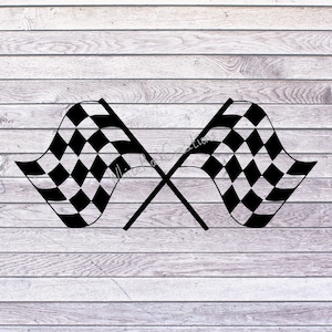 May include: Two black and white checkered racing flags crossed over each other. The flags are waving in the wind.