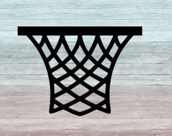 Puede incluir: Aro de baloncesto negro con una red blanca. La red está hecha de una serie de agujeros en forma de diamante.