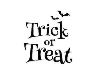 May include: Black and white illustration of the text "Trick or Treat" with two bats flying above the text.