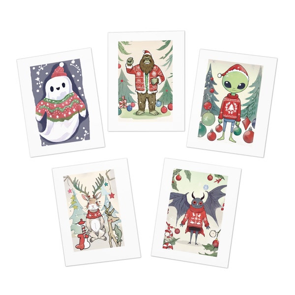 Niedliche Cryptid Weihnachtsgrußkarten, 5er-Pack, Corny Cryptid Karten, Cryptid Geschenke, Cute Cryptids, Cryptids in Cristmas Sweaters, Yuletide