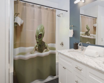 Alien Shower Curtain, Peeking Alien, Creepy Bathroom Decor, Cryptid Shower, Alien Curtains, Alien Home Decor, Cryptid Bathroom, Cryptid Gear