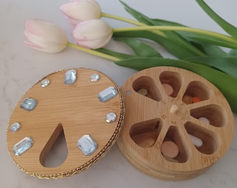 Bamboo Pill Box With Rhinestones, 7 Day Pill Organizer, Cute Pill Box Made With Eco Friendly Bamboo