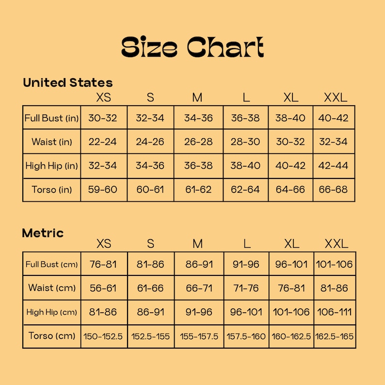 May include: A size chart with measurements in inches and centimeters. The chart includes sizes XS to XXL, detailing full bust, waist, high hip, and torso measurements. The text "Size Chart" is at the top.