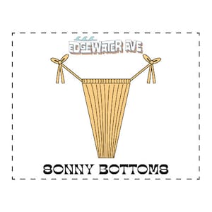 May include: A pair of yellow bikini bottoms with a striped pattern and tie strings. The text "EDGEWATER AVE" is above the bottoms.