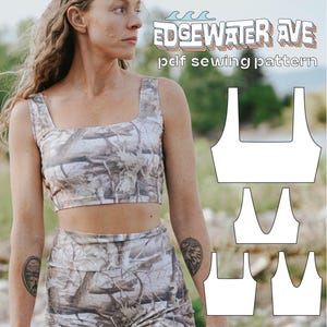 May include: A two-piece set consisting of a square-neck crop top and high-waisted shorts in a brown and white woodland camouflage print. The image includes the text EDGEWATER AVE pdf sewing pattern and white line drawings of the garment designs.