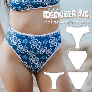 May include: A blue bikini set with a white hibiscus flower pattern and white trim. The text EDGEWATER AVE pdf sewing pattern is visible, along with four white line-art diagrams showing different bikini bottom cuts and styles.