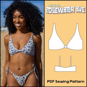 Puede incluir: Un patrón de costura PDF para un top de bikini con un nudo en la parte delantera y una parte inferior de bikini separada. El patrón se llama "Edgewater Ave".