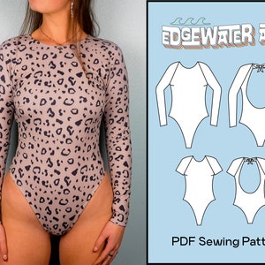 Op de afbeelding: Een PDF-naai-patroon voor een langarmige badpak met een luipaardprint. Het patroon bevat vier verschillende stijlen: langarm, korte mouw, open rug en gesloten rug. Het patroon heet "Edgewater Ave".