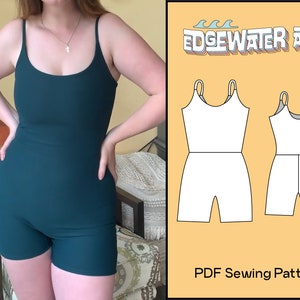 May include: A dark teal one-piece romper with thin straps. The image also includes a diagram of the romper and the text "Edgewater Ave" and "PDF Sewing Pattern".