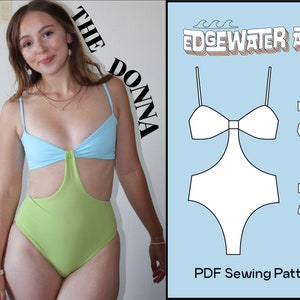 Puede incluir: Un patrón de costura PDF para un traje de baño con un diseño de corte. El patrón se llama "Edgewater Ave" y está disponible en "The Donna".