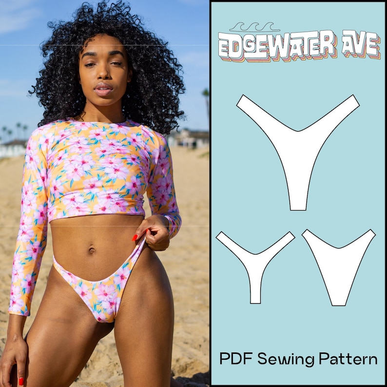 May include: A woman wearing a floral print long-sleeve crop top and high-cut bikini bottoms. The top and bottoms have a yellow background with pink and blue flower patterns. A blue background with the text "Edgewater Ave" and a PDF sewing pattern is on the right.