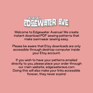 May include: A pink background with the text "EDGEWATER AVE" in a blue and white font. The text below states that the shop creates instant download PDF sewing patterns for swimwear. It also provides information about Etsy downloads and the shop's website.