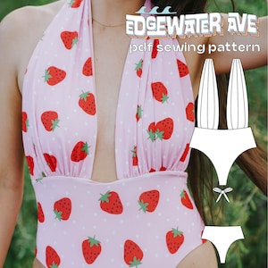 May include: A light pink halter-style one-piece swimsuit featuring a white polka dot pattern and red strawberry graphics. The text EDGEWATER AVE pdf sewing pattern is visible, along with a white line drawing of the swimsuit design.