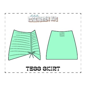 May include: Line drawing of two skirt designs, both in a light green color. The skirt on the left has a tie at the front and is labeled "TESS SKIRT". The skirt on the right has the text "EDGEWATER" in a smaller font. The text "EDGEWATER AVE" is at the top of the image.