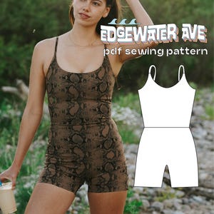 May include: A brown and black snakeskin print romper with thin spaghetti straps and a scoop neckline. The image includes the text EDGEWATER AVE and pdf sewing pattern, alongside a white line drawing of the romper silhouette.