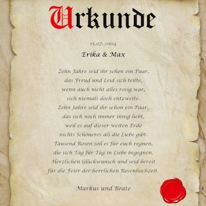 Rosenhochzeit Urkunde personalisiert Geschenk Karte zum 10. Hochzeitstag DIN A4