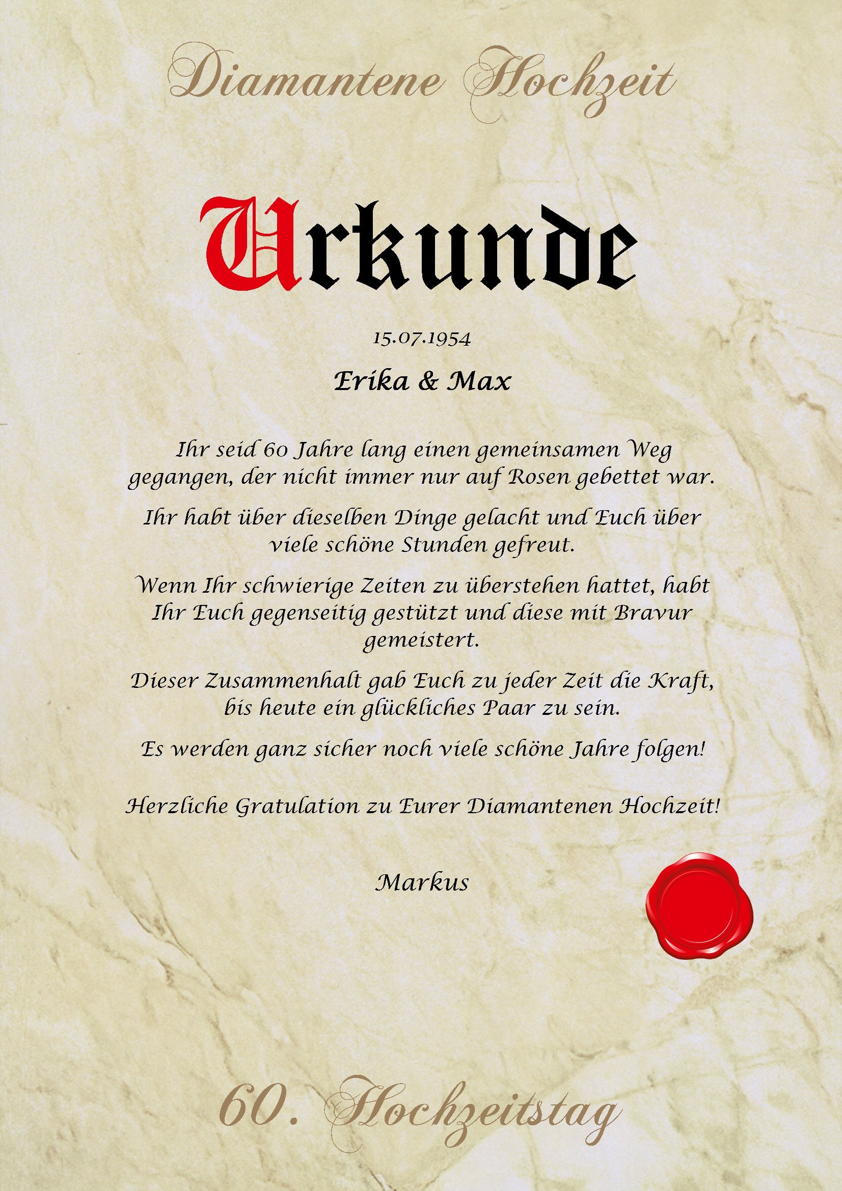 Diamantene Hochzeit Urkunde personalisiert Geschenk Karte zum 60