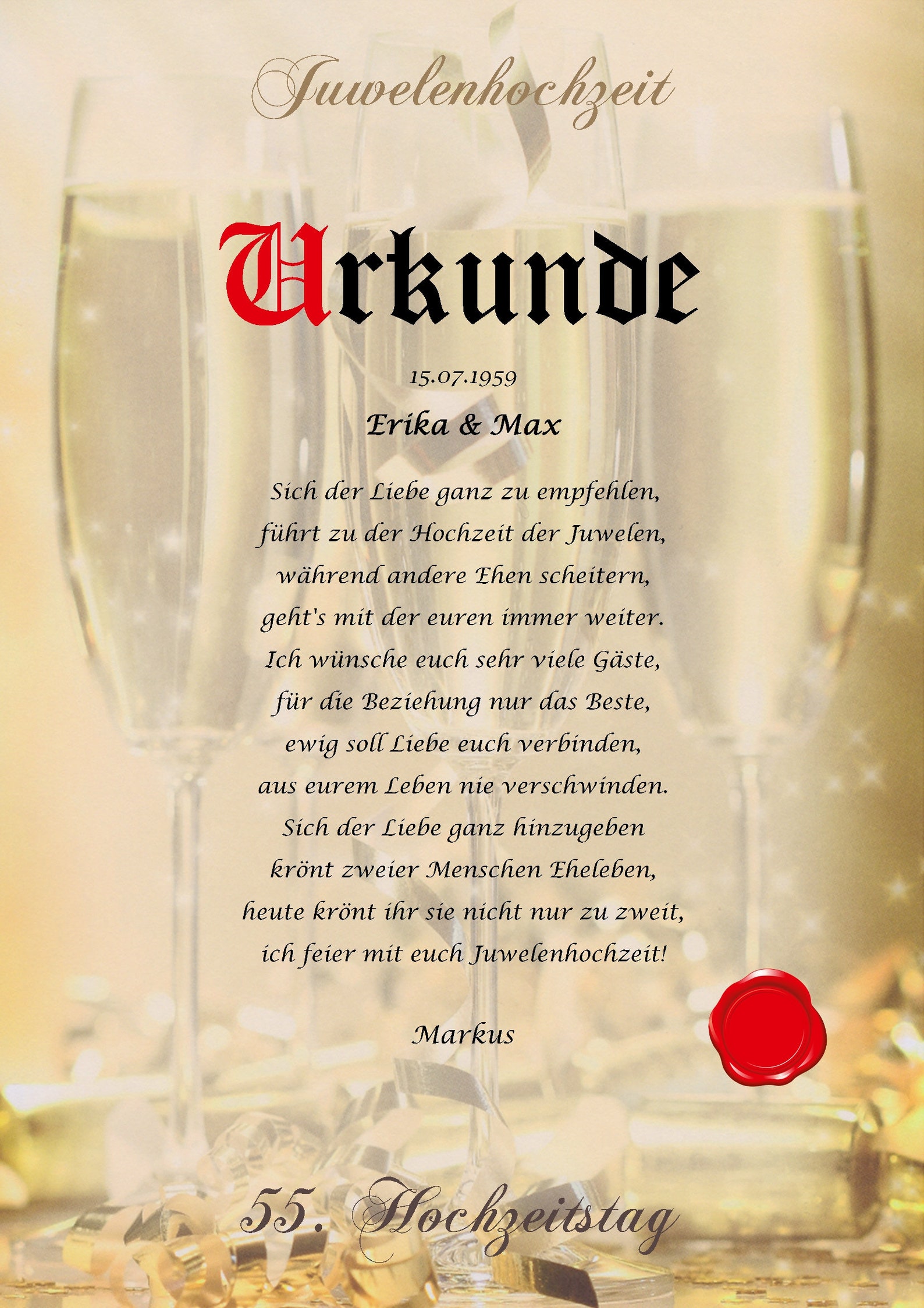 Juwelenhochzeit Urkunde personalisiert Geschenk Karte zum 55