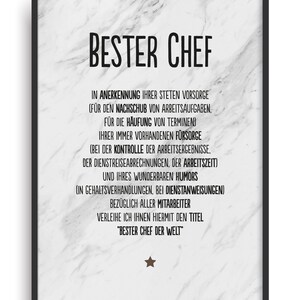 Geschenk Karte BESTER CHEF Kunstdruck Ehrentitel Mitarbeiter Auszeichnug Bild ohne Rahmen DIN A4