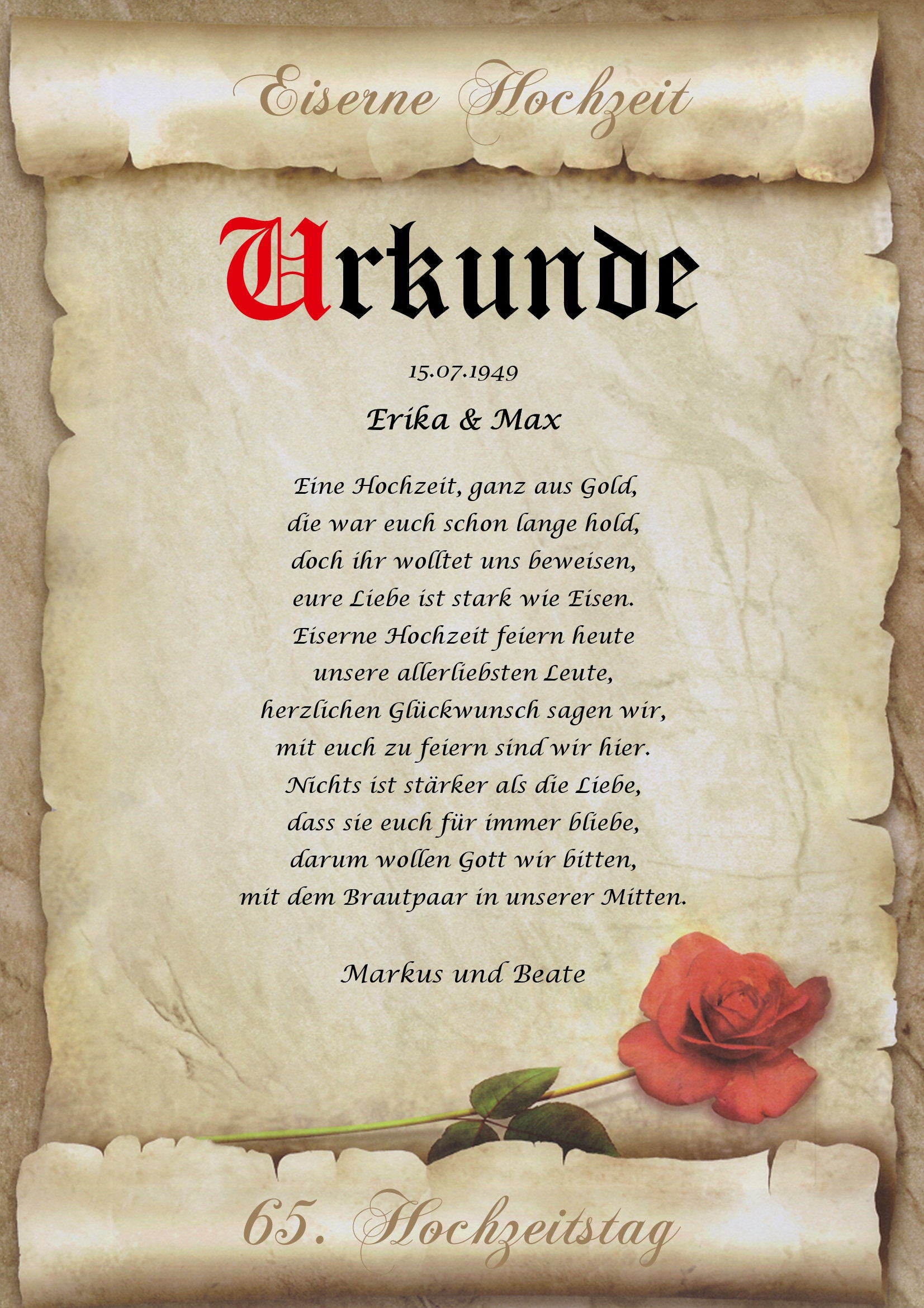 Eiserne Hochzeit Urkunde personalisiert Geschenk Karte zum 65