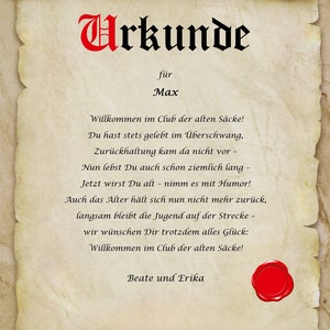 Urkunde ALTER SACK Club der alten Säcke personalisiert Geburtstag Geschenk Karte