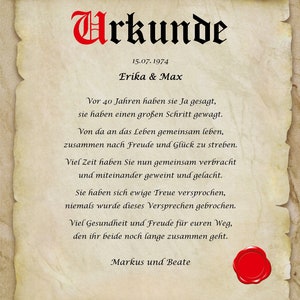 Rubinhochzeit Urkunde personalisiert Geschenk Karte zum 40. Hochzeitstag DIN A4