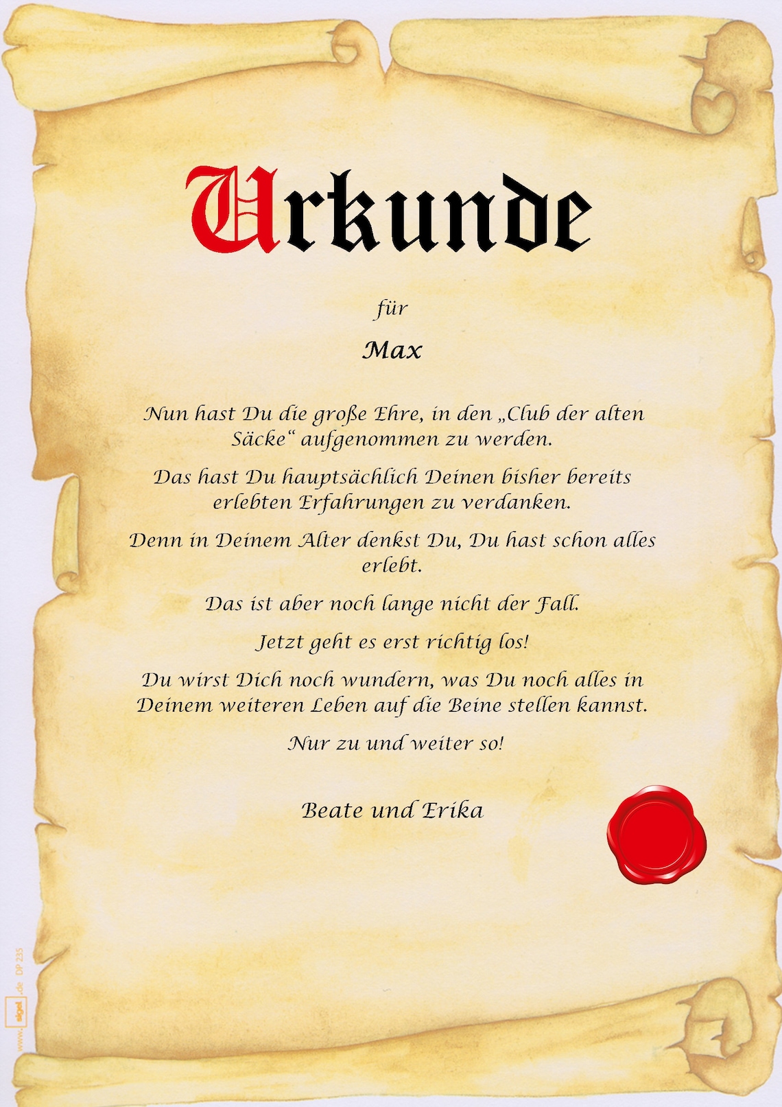 Urkunde ALTER SACK Club der alten Säcke personalisiert - Etsy.de