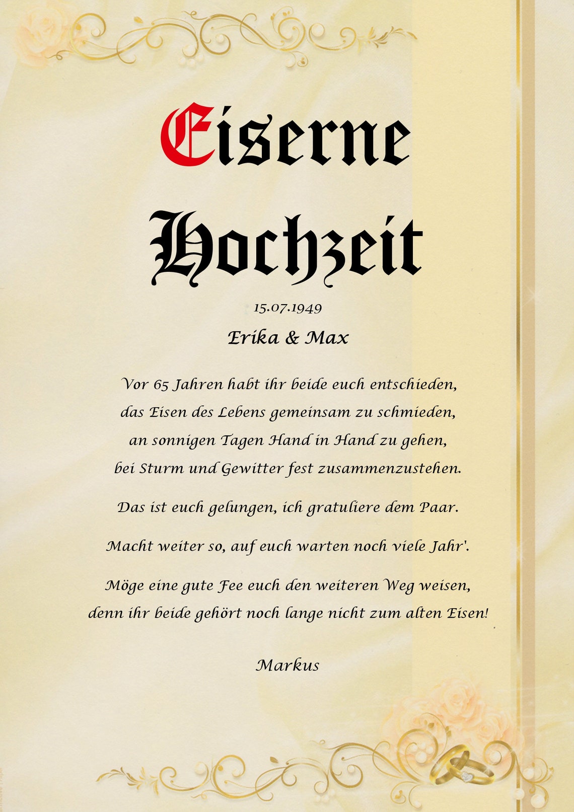Eiserne Hochzeit Urkunde personalisiert Geschenk Karte zum 65
