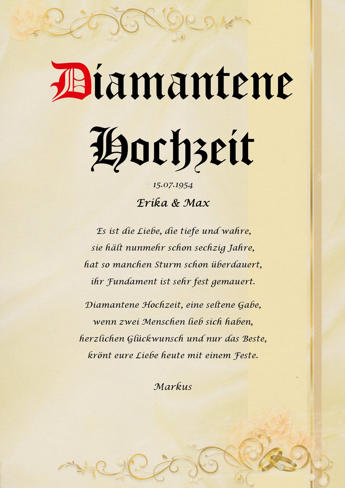 Diamantene Hochzeit Urkunde personalisiert Geschenk Karte zum 60