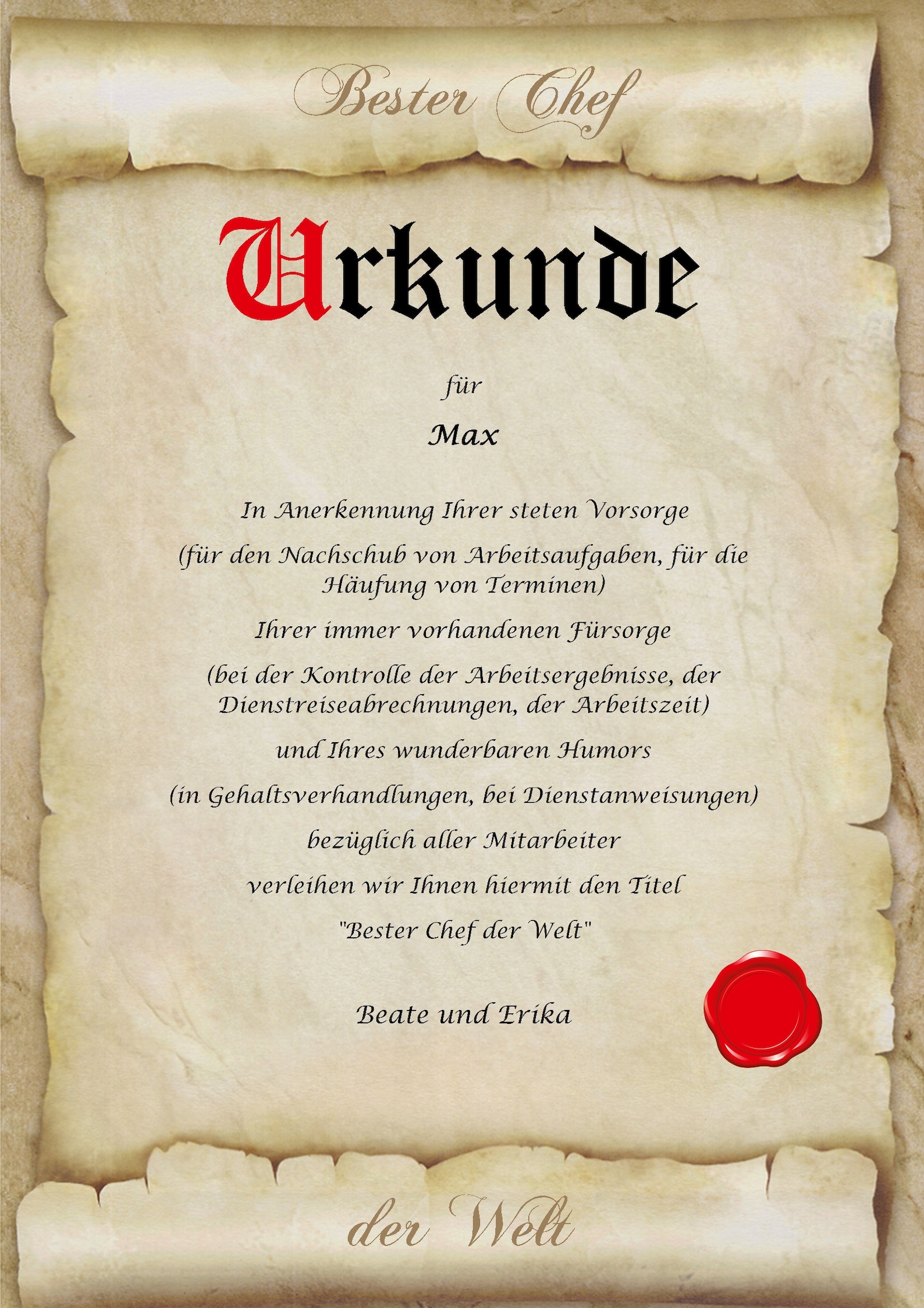 Urkunde personalisiert Geschenk Karte bester Chef beste Chefin der Welt