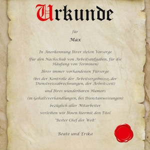 Urkunde personalisiert Geschenk Karte bester Chef beste Chefin der Welt A4 Motiv