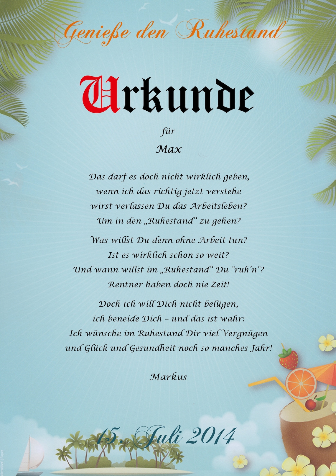 Ruhestand Urkunde personalisiert Geschenk Karte zur Rente Abschied