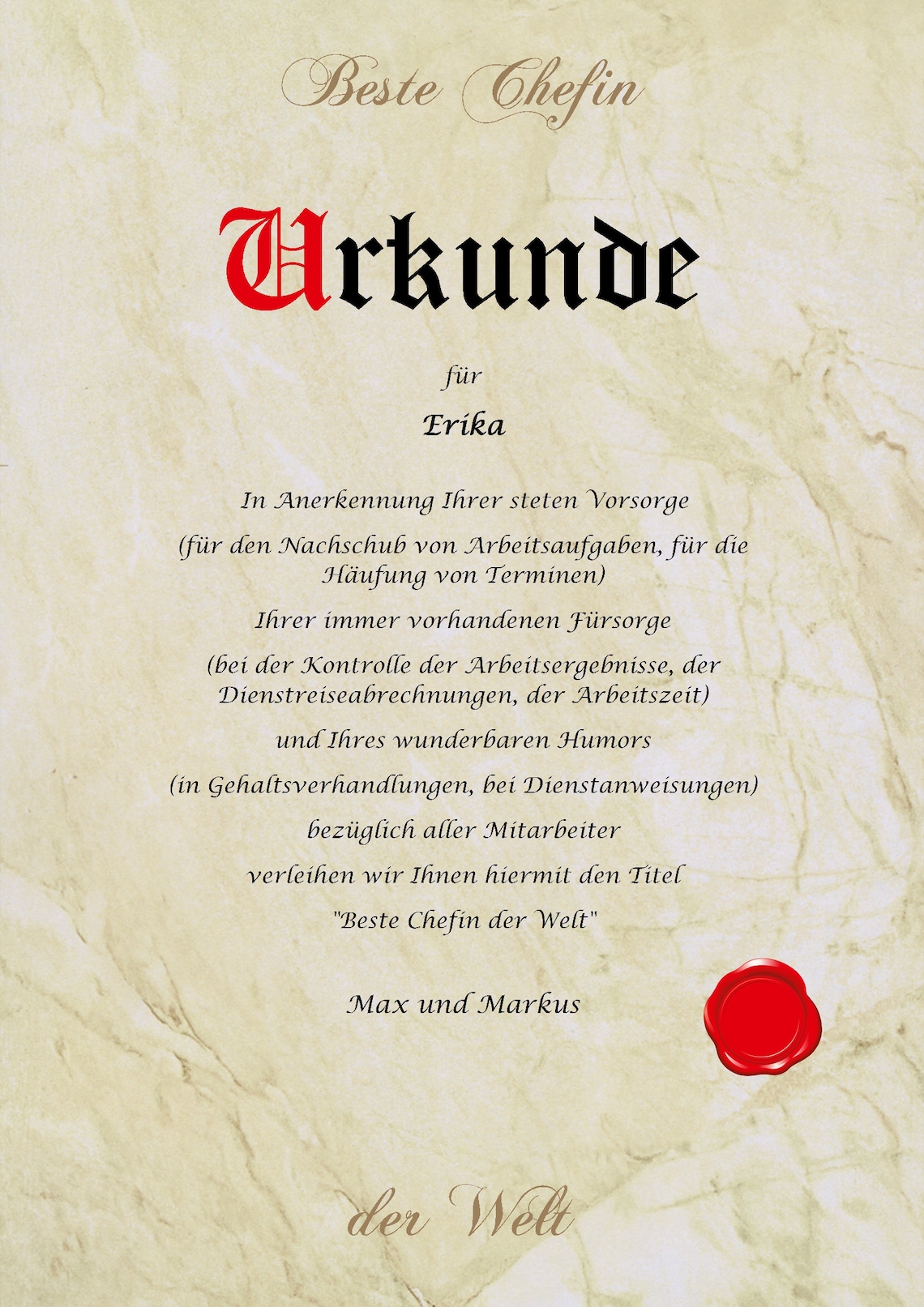 Urkunde personalisiert Geschenk Karte bester Chef beste Chefin der Welt ...