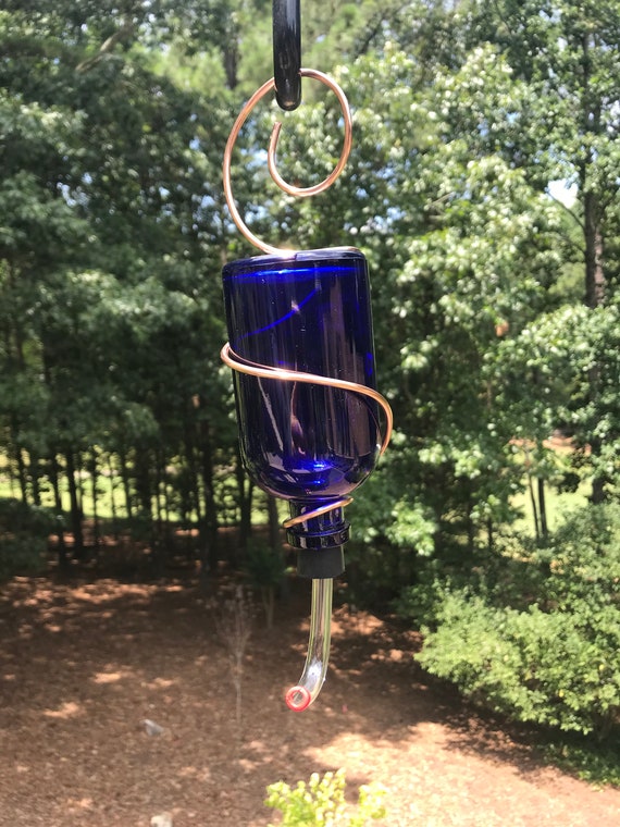 Blue glass hummingbird feeder plain Etsy