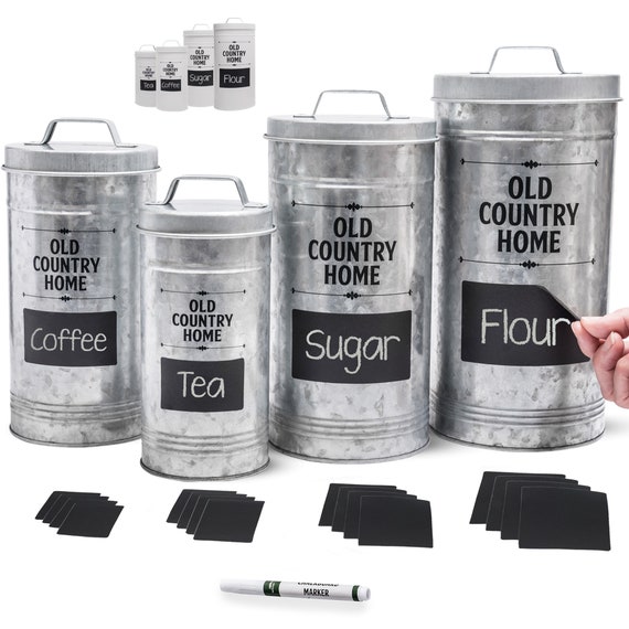 Farmhouse Canister Set for Kitchen by Saratoga Home Coffee Tea Sugar  Container Set With Labels & Marker, 4 Airtight Metal Canister Sets 