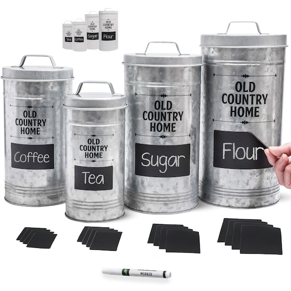 Farmhouse Canister Set for Kitchen by Saratoga Home – Coffee Tea Sugar Container Set with Labels & Marker, 4 Airtight Metal Canister Sets