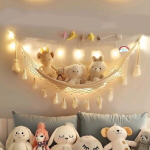 Boho Stuffed Animal Hammock with LED Lights - Large Capacity, Corner Net for Girls' Nursery & Room Decor, Nursery Decor, Kids Room Decor