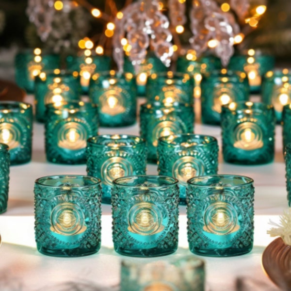 Hacienda Style Wedding Decor Centerpiece 24-Pack Teal Votive Candle Holders Elegant Glass Candleholders for Room Decor and Special Occasion