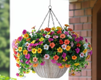 Faux Hanging Plants & Flowers Basket 15.7", Outdoor Spring Decor, UV Resistant Fake Daisy and Eucalyptus Planter, Porch Decor Supplies