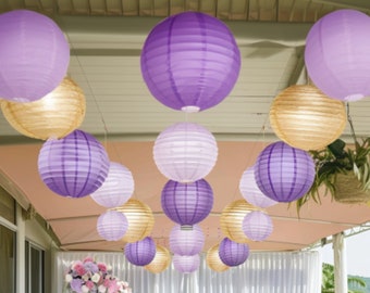 21pc Paper Lantern Set in Purple, Lavender, Gold - Perfect for Graduation, Baby Shower, Birthday, Wedding, and Theme Party Decorations