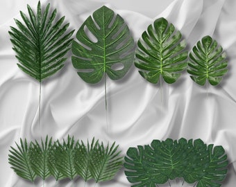 Ensemble de 60 feuilles de palmier artificielles - 4 types de faux feuillage tropical pour Luau, Hawaï, décoration de fête dans la jungle et accessoires de maison, décoration de mariage