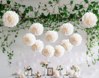 12 Pcs White Tissue Paper Pom Poms Kit, Easy Assemble for Party & Wedding Decor, Ceiling Wall Hanging Flowers in Two Sizes, Wedding Decor