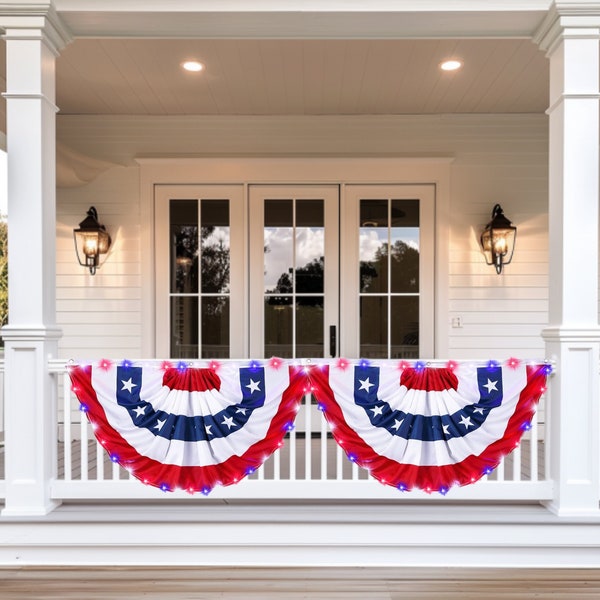 Fourth of July Decor Red White Blue Bunting Lighted Front Porch Decor 3-Pack 3x6 FT USA Pleated Fan Flag with LED Lights Patriotic Decor