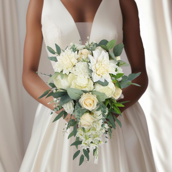 Luxurious White and Sage Green Cascade Wedding Bouquet Silk Wedding Flowers Brides Cascading Teardrop Bridal Bouquet Wedding Floral Decor