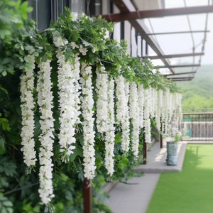 Close-up of white wisteria garland hanging elegantly for wedding decoration.