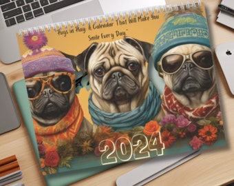 2024 Pug Calendar, Artistic Monthly Wall Calendar, High-Quality Paper, Pug Calendar, Pug Lover Gift, Dog Lover Gift, Dog Calendar, Pug Gift